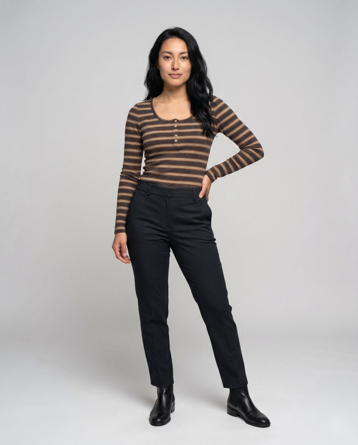 Women's long sleeve shirt with button placket and striped design - Chichicherry