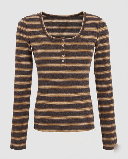 Women's long sleeve shirt with button placket and striped design - Chichicherry