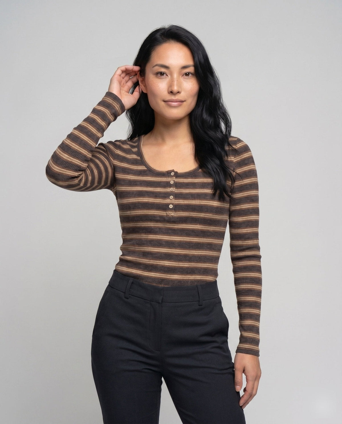 Women's long sleeve shirt with button placket and striped design - Chichicherry