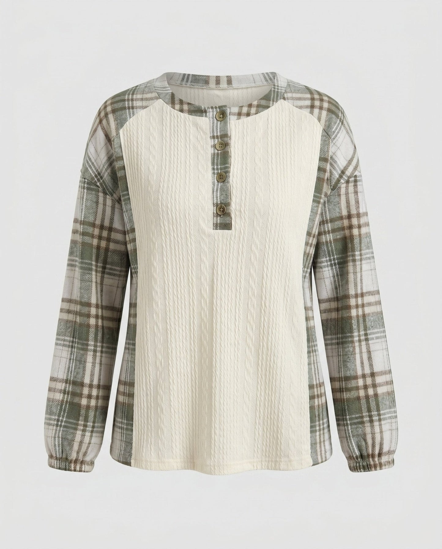 Women's Long Sleeve Shirt with Checkered Pattern and Textured Fabric - Chichicherry