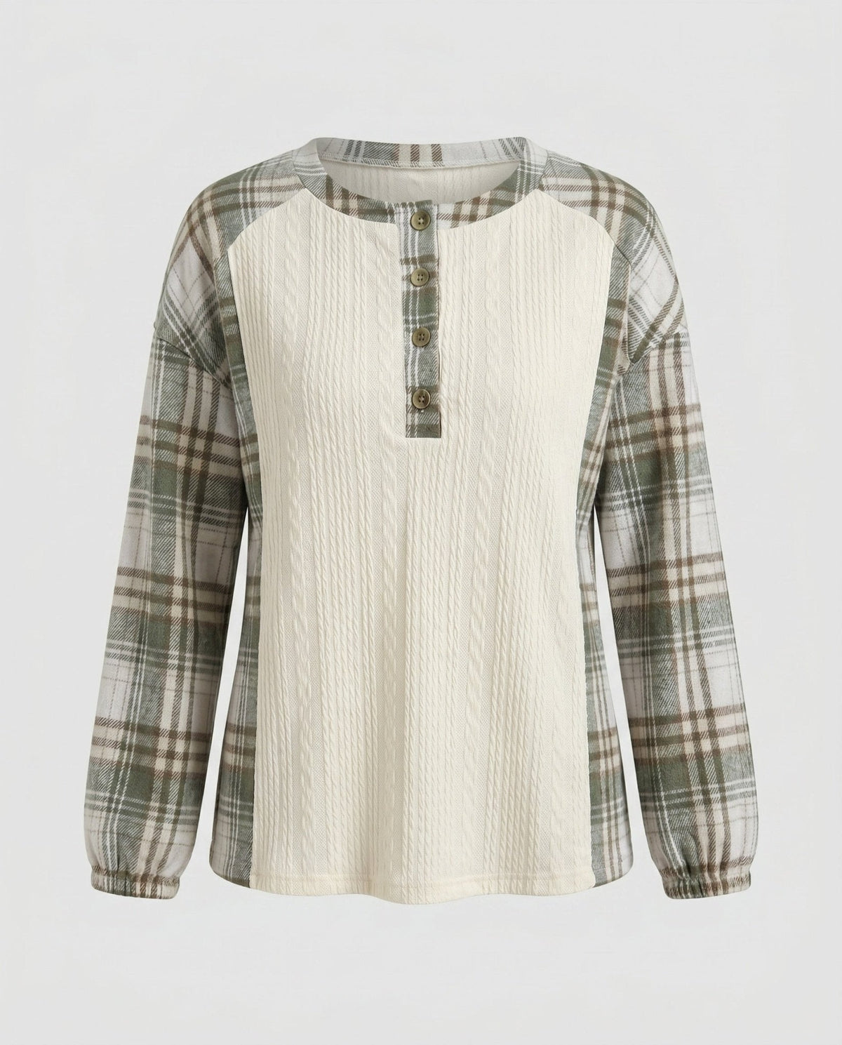 Women's Long Sleeve Shirt with Checkered Pattern and Textured Fabric - Chichicherry