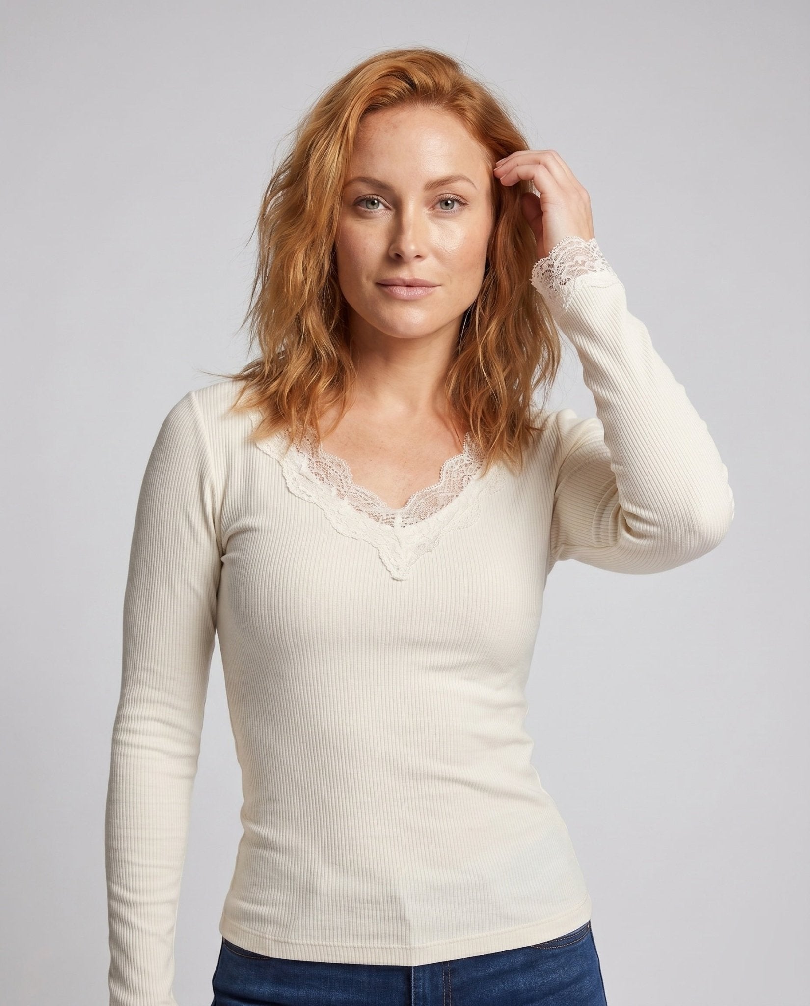 Women's Long Sleeve Shirt with Delicate Lace Trim - Chichicherry
