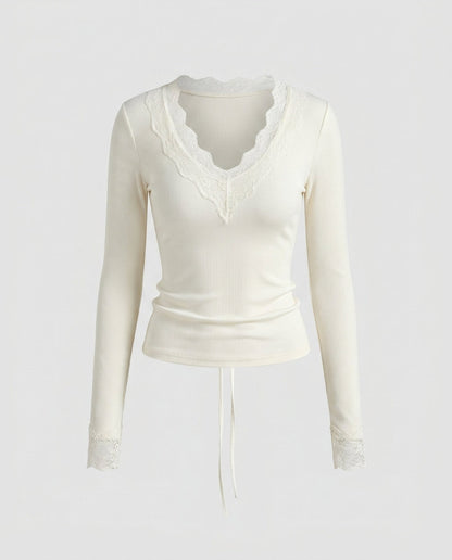 Women's Long Sleeve Shirt with Delicate Lace Trim - Chichicherry