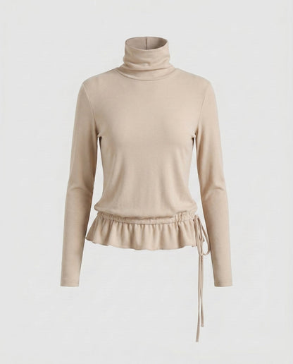 Women's Long Sleeve Shirt with Fringe Hem and Turtleneck - Chichicherry