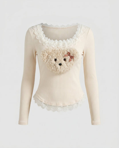 Women's long-sleeve shirt with playful teddy design and lace - Chichicherry