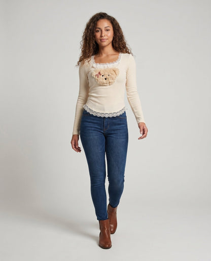 Women's long-sleeve shirt with playful teddy design and lace - Chichicherry