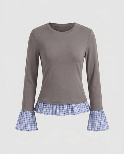Women's long-sleeve shirt with playfully gathered ruffles and contrasting sleeves - Chichicherry