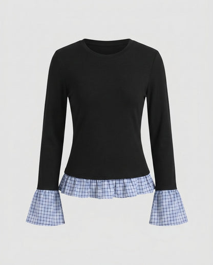 Women's long-sleeve shirt with playfully gathered ruffles and contrasting sleeves - Chichicherry