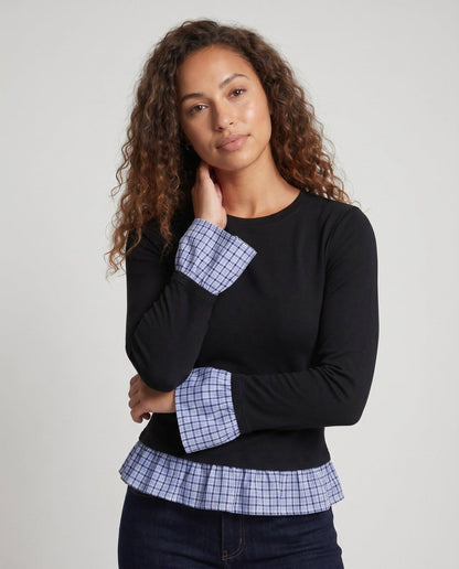 Women's long-sleeve shirt with playfully gathered ruffles and contrasting sleeves - Chichicherry