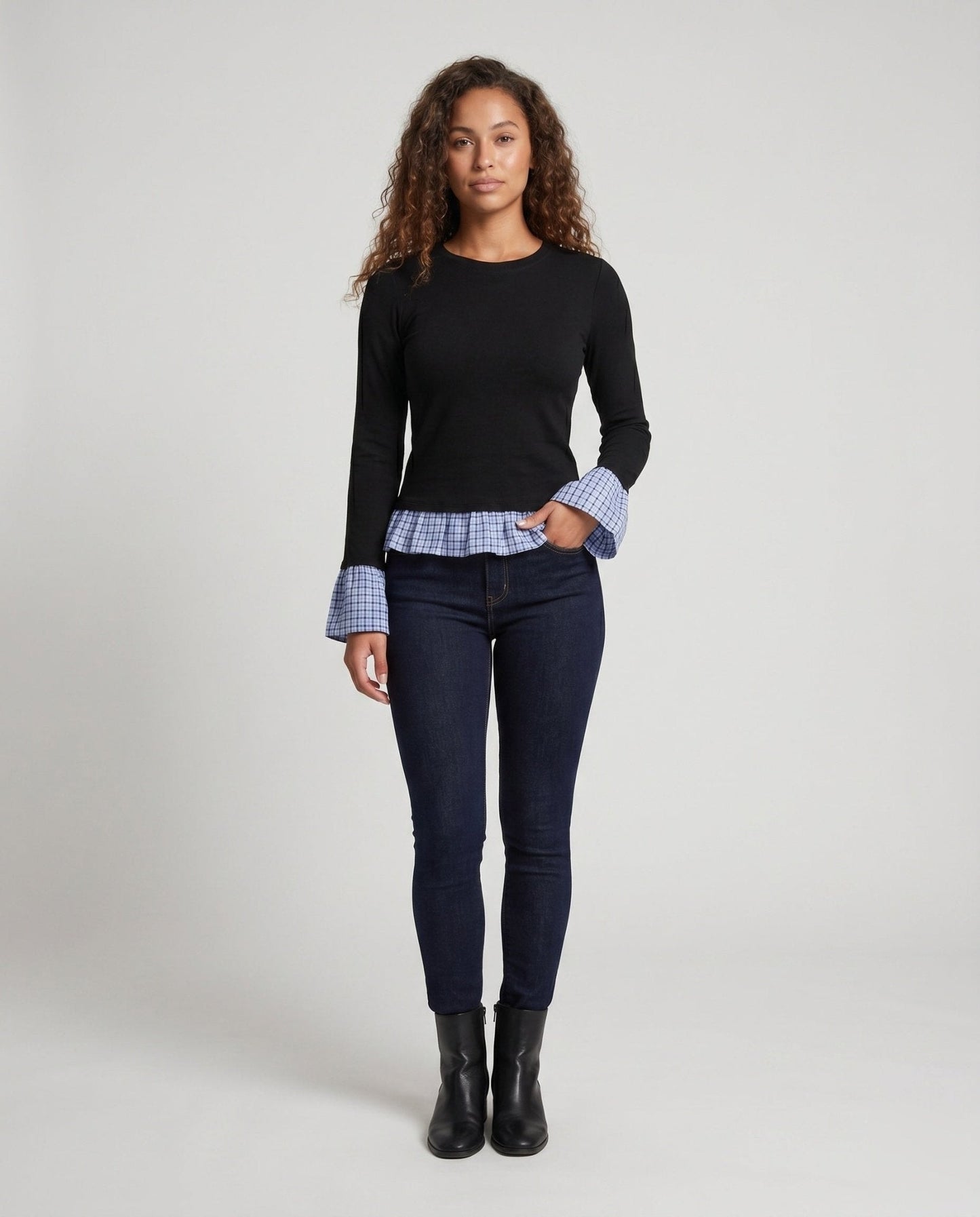 Women's long-sleeve shirt with playfully gathered ruffles and contrasting sleeves - Chichicherry