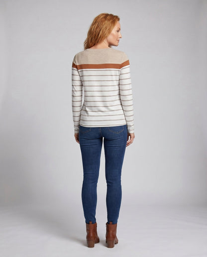 Women's Long Sleeve Shirt with Striped Design and Elegant Shoulder Accents - Chichicherry