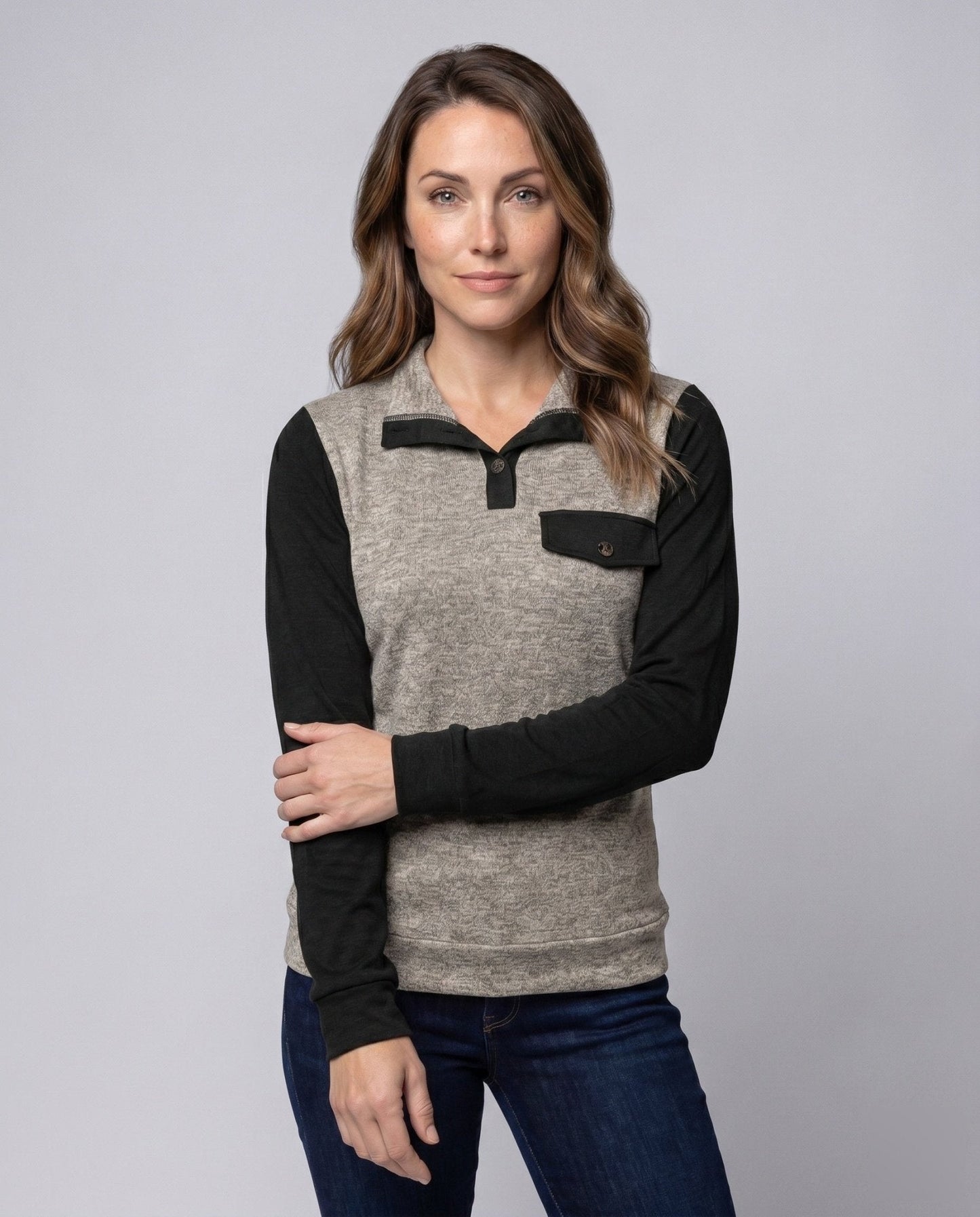 Women's Long Sleeve Shirt with Stylish Contrast Details - Chichicherry
