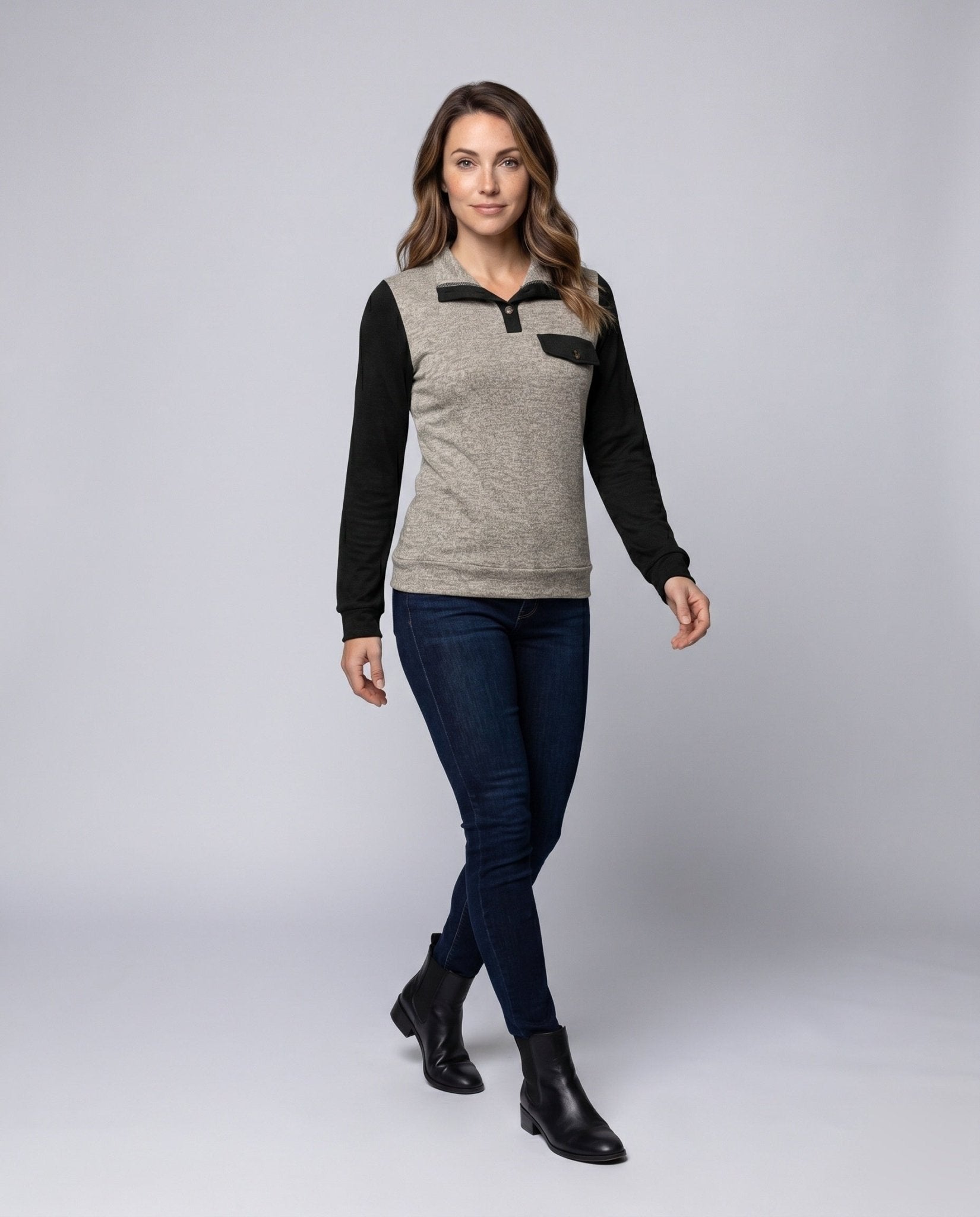 Women's Long Sleeve Shirt with Stylish Contrast Details - Chichicherry
