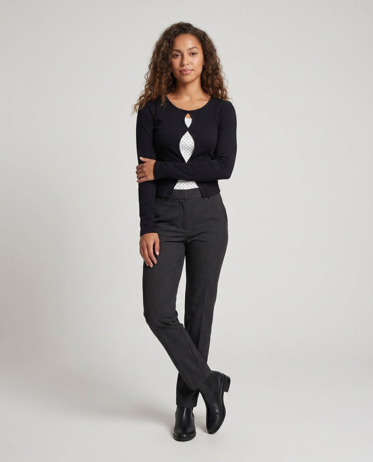 Women’s long-sleeve shirt with unique neckline and polka dot design - Chichicherry