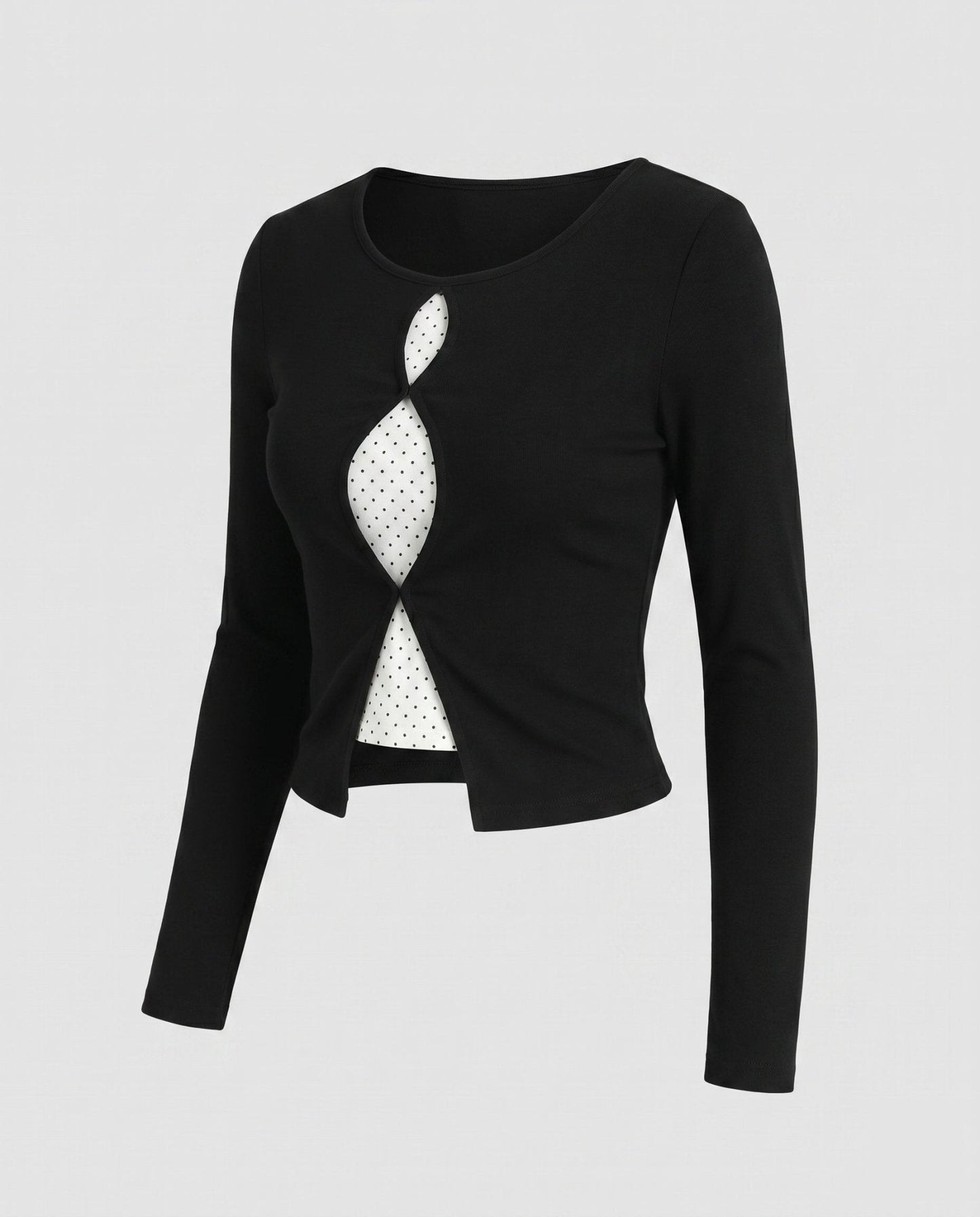 Women’s long-sleeve shirt with unique neckline and polka dot design - Chichicherry