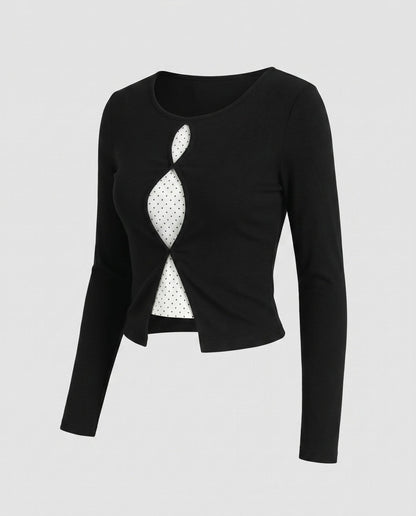 Women’s long-sleeve shirt with unique neckline and polka dot design - Chichicherry