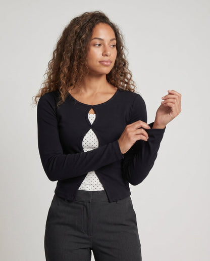 Women’s long-sleeve shirt with unique neckline and polka dot design - Chichicherry