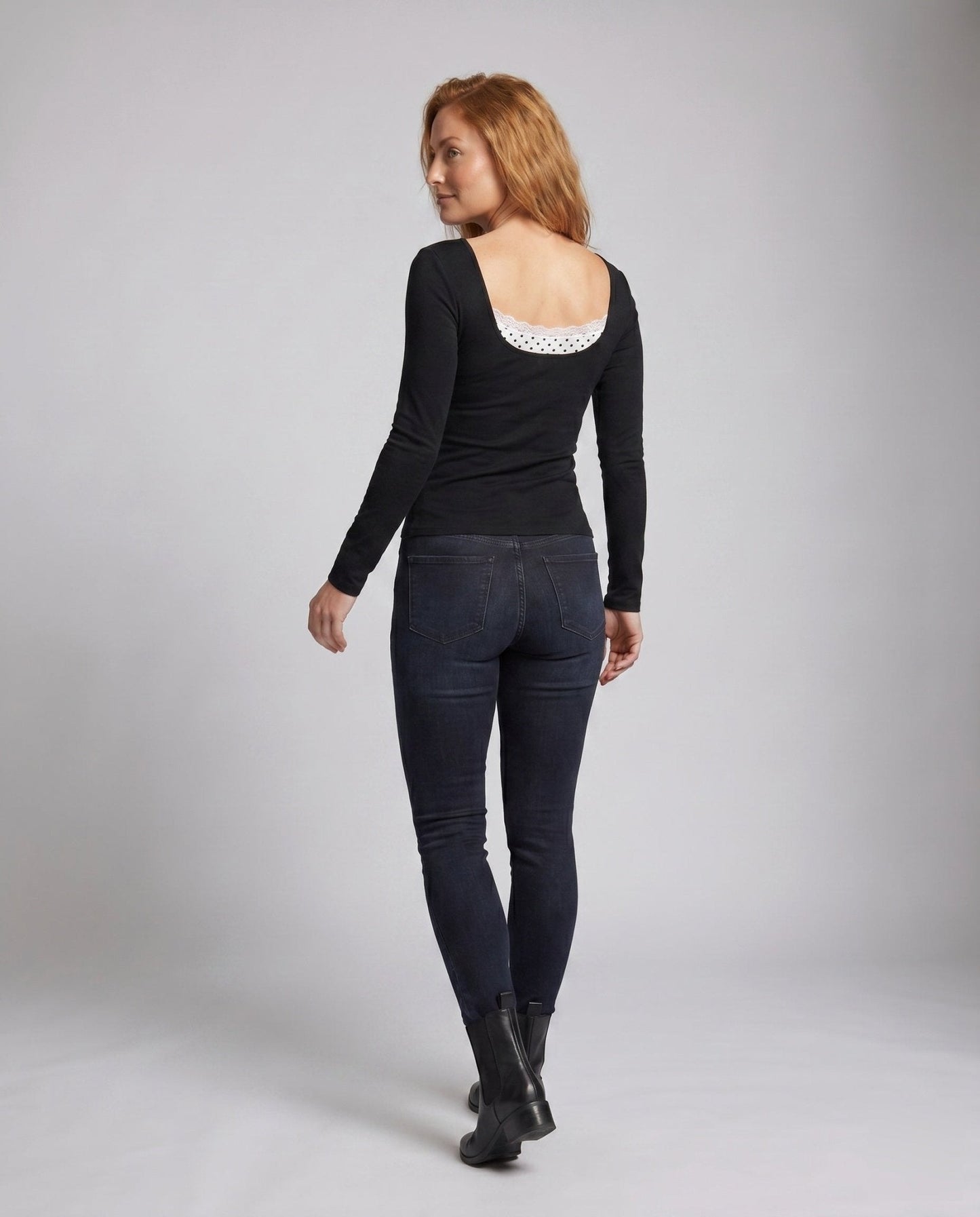 Women's long-sleeve top with playful neckline and elegant lace - Chichicherry