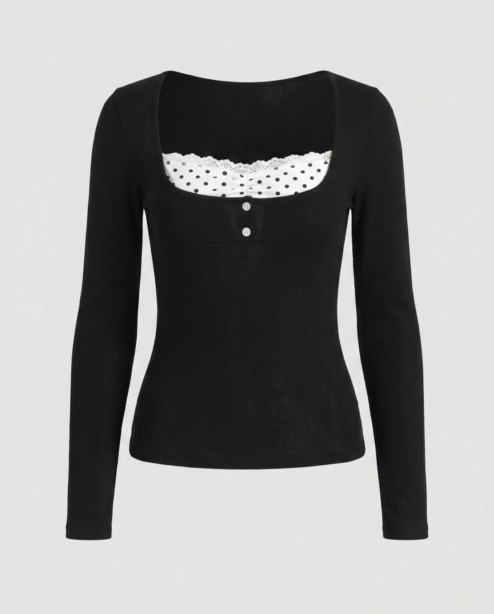 Women's long-sleeve top with playful neckline and elegant lace - Chichicherry