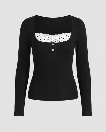 Women's long-sleeve top with playful neckline and elegant lace - Chichicherry