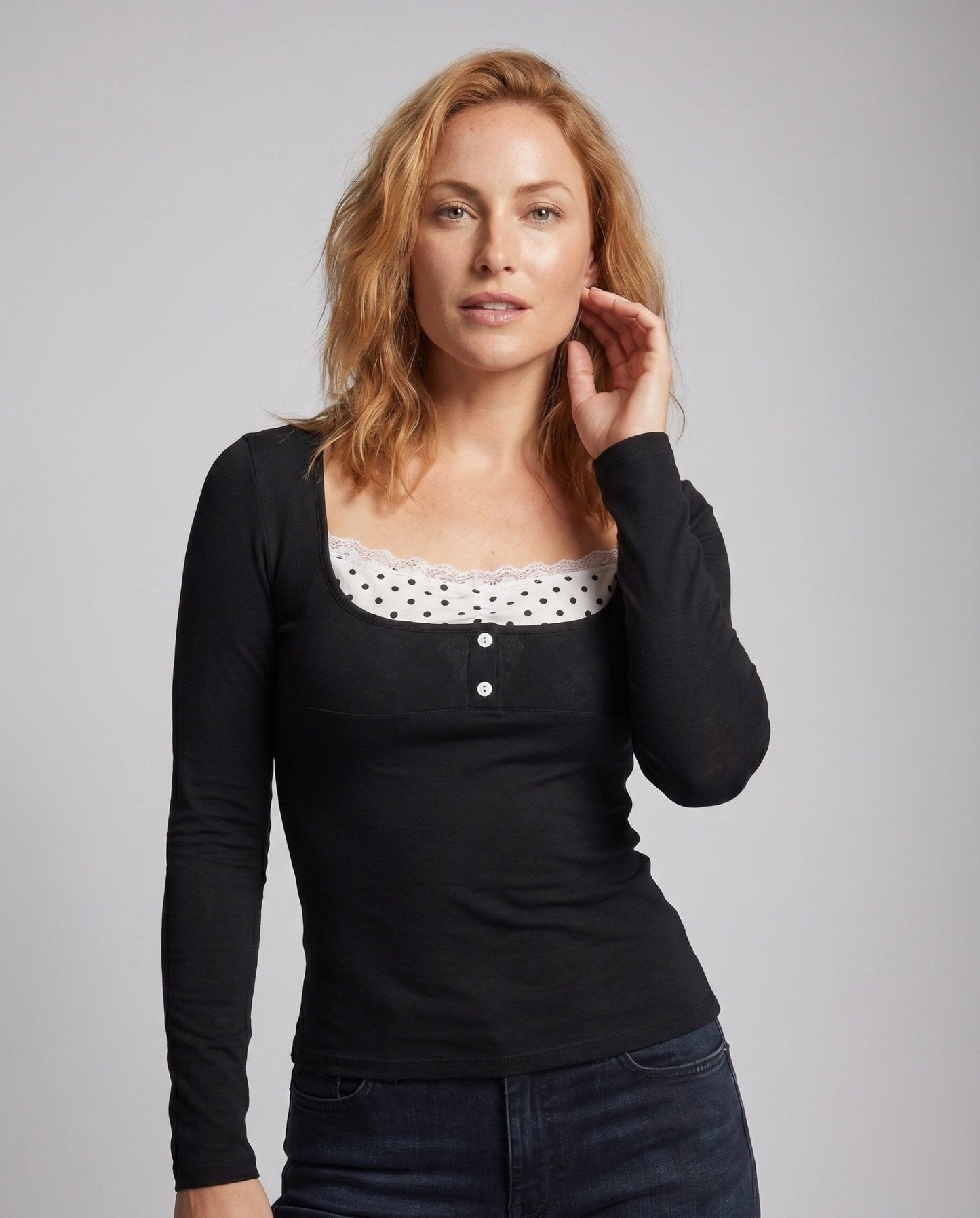 Women's long-sleeve top with playful neckline and elegant lace - Chichicherry
