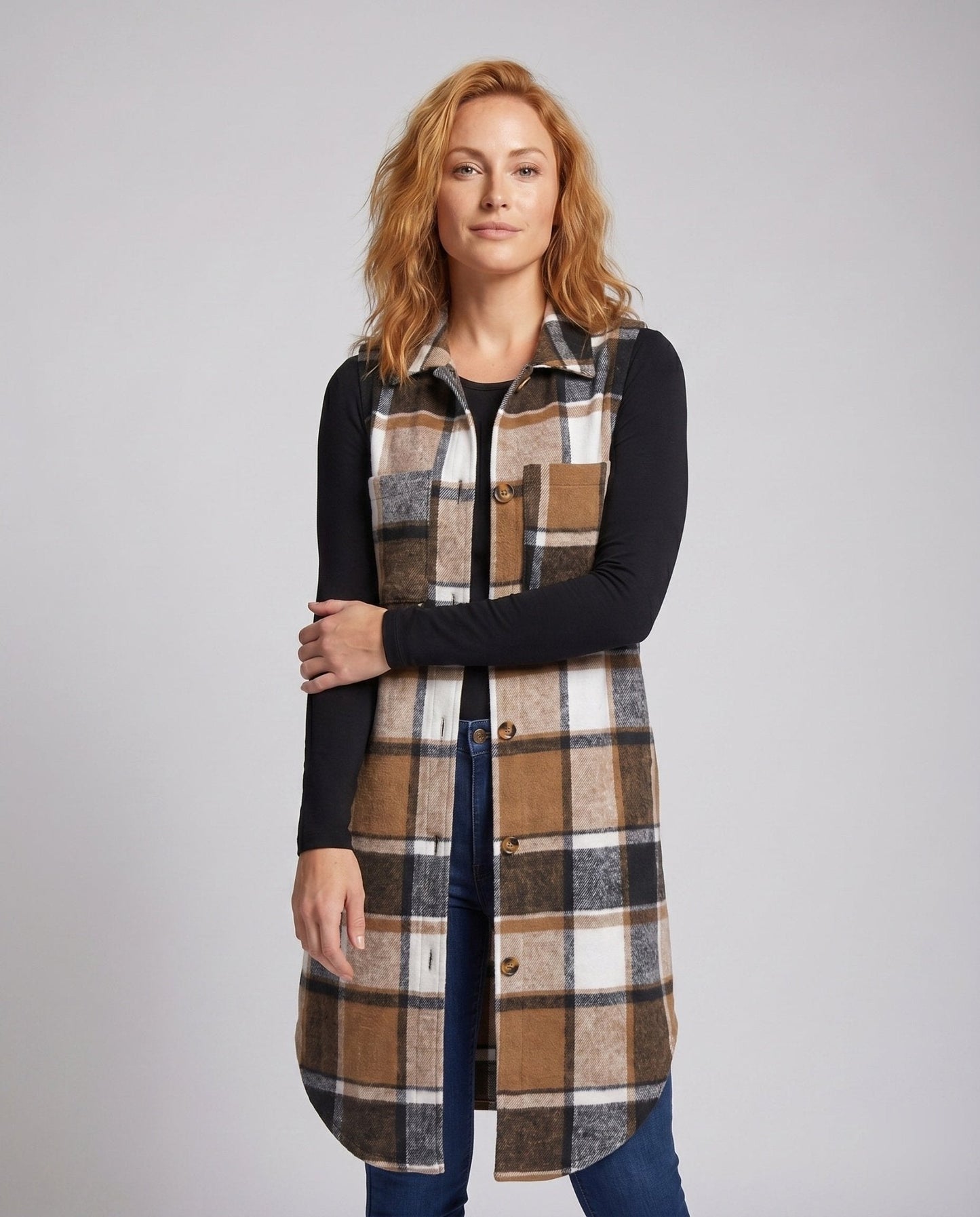 Women's Long Sleeve Vest with Check Pattern and Practical Pockets - Chichicherry