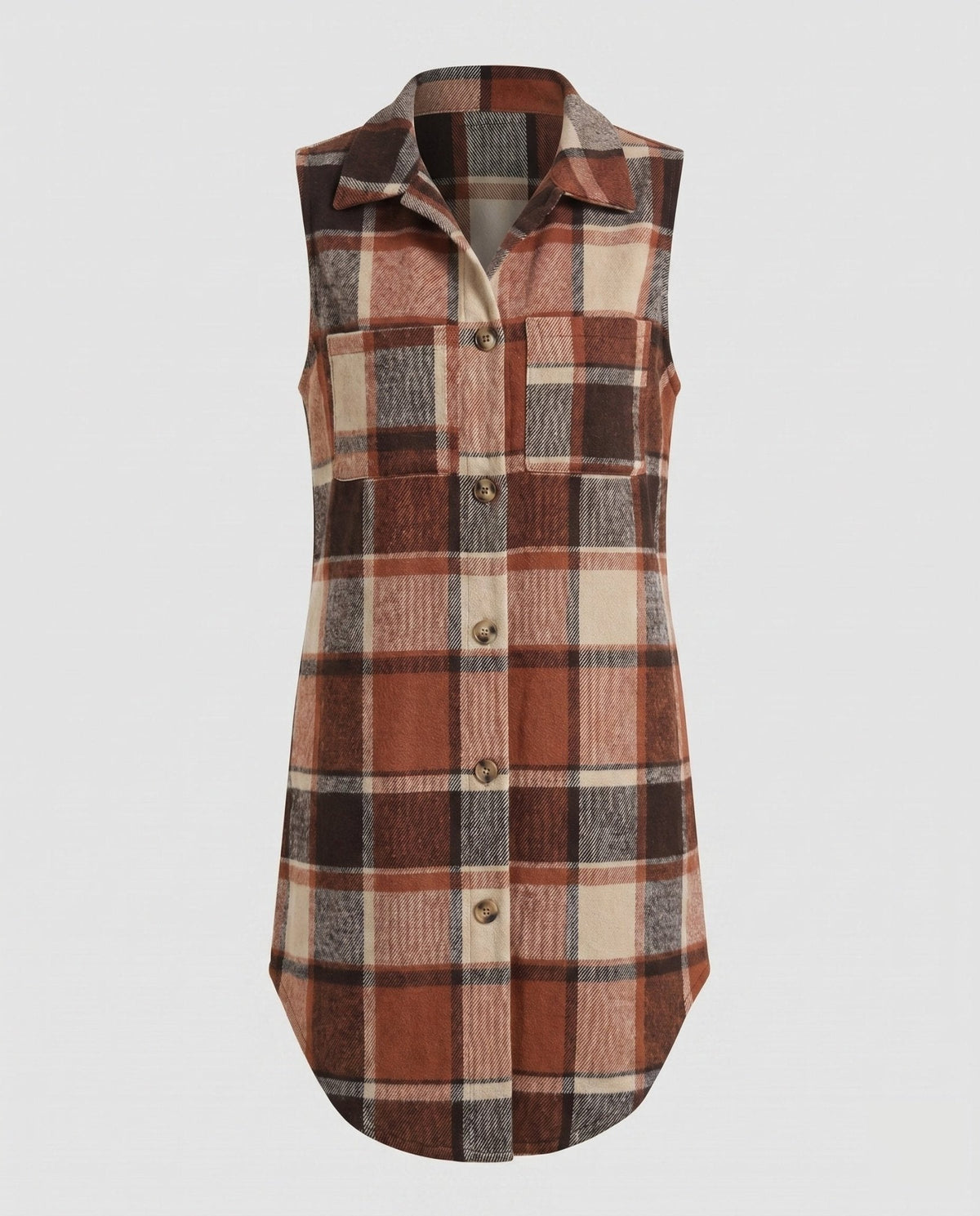 Women's Long Sleeve Vest with Check Pattern and Practical Pockets - Chichicherry