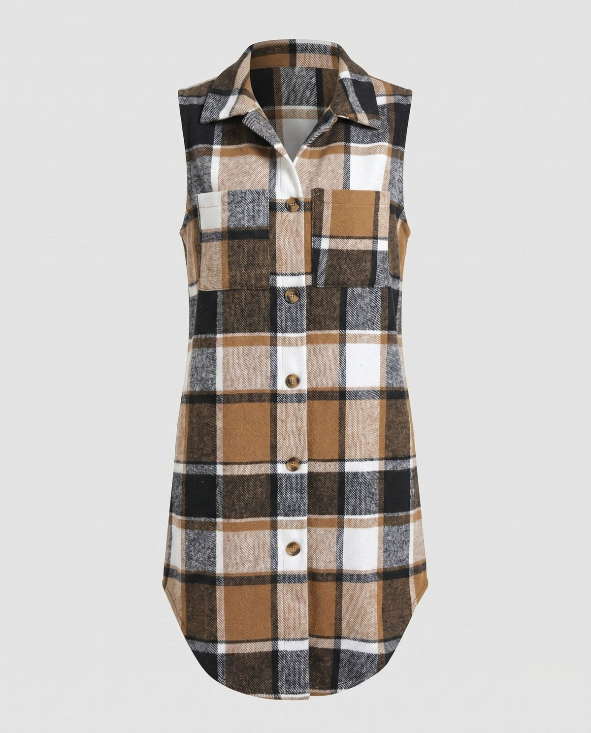 Women's Long Sleeve Vest with Check Pattern and Practical Pockets - Chichicherry