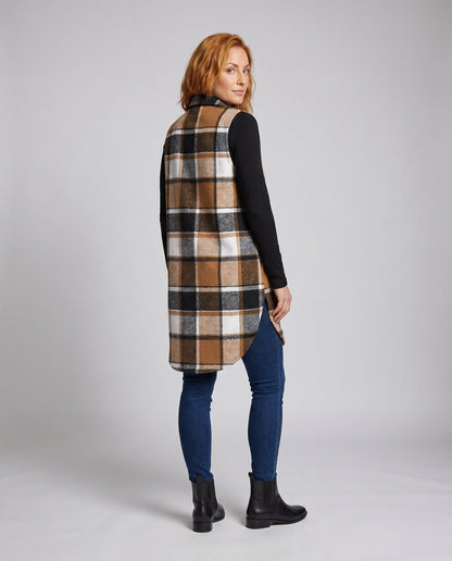 Women's Long Sleeve Vest with Check Pattern and Practical Pockets - Chichicherry