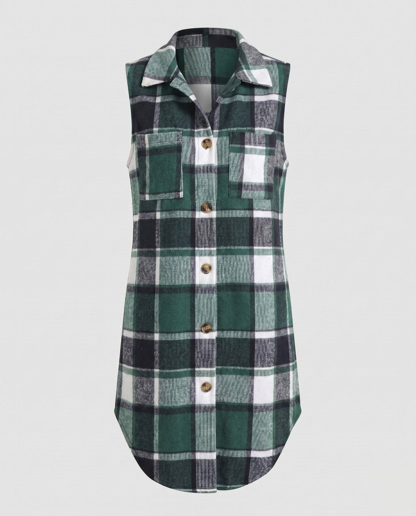 Women's Long Sleeve Vest with Check Pattern and Practical Pockets - Chichicherry