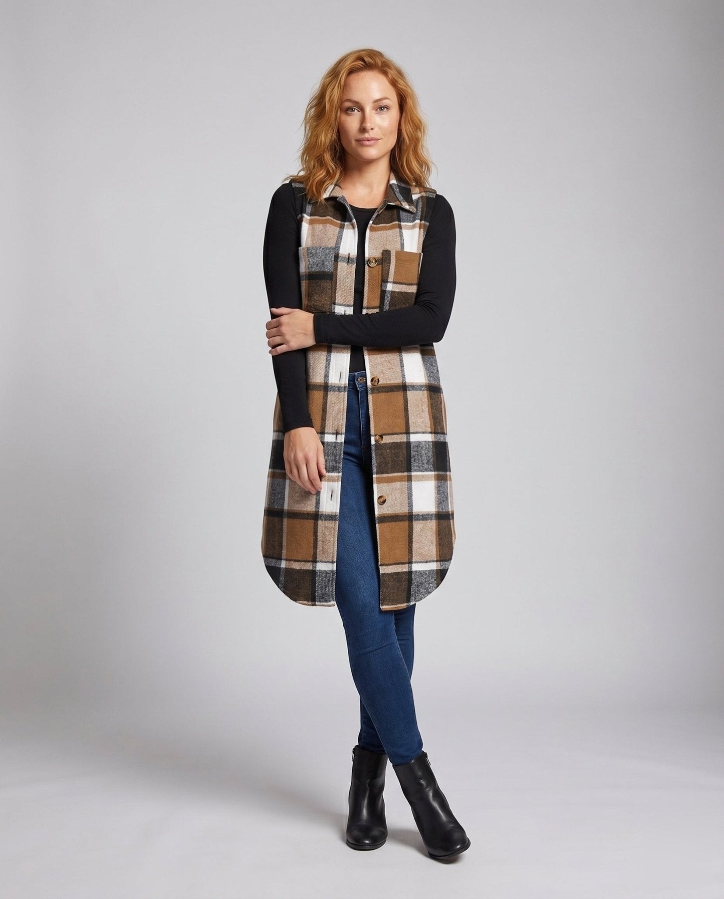 Women's Long Sleeve Vest with Check Pattern and Practical Pockets - Chichicherry