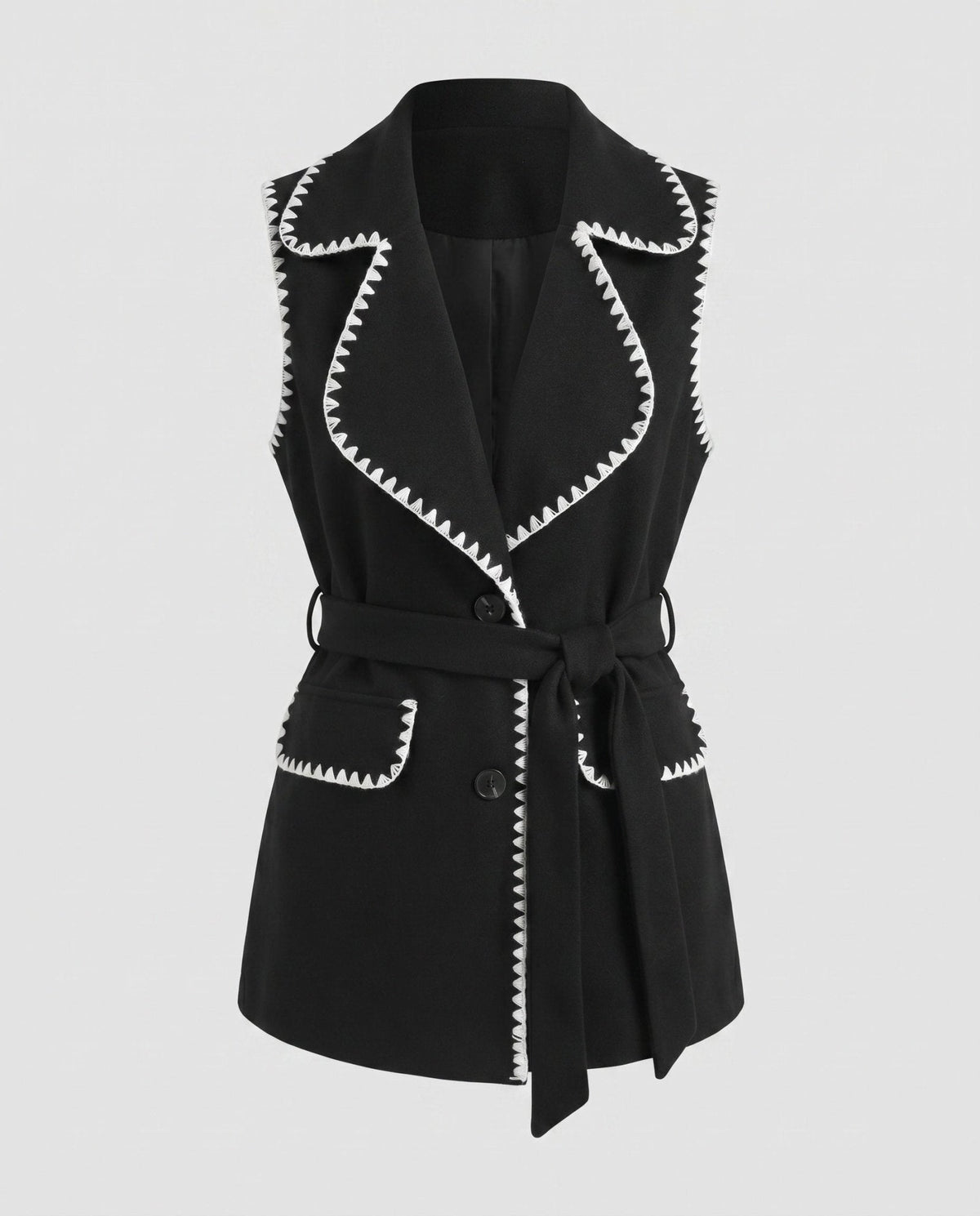 Women's long vest with elegant button closure and tapered belt - Chichicherry