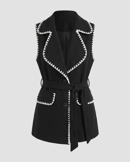 Women's long vest with elegant button closure and tapered belt - Chichicherry