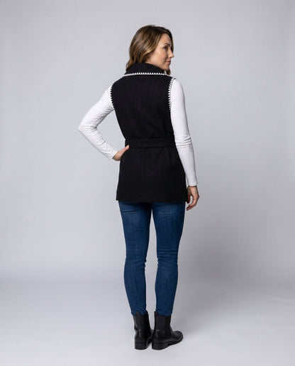 Women's long vest with elegant button closure and tapered belt - Chichicherry