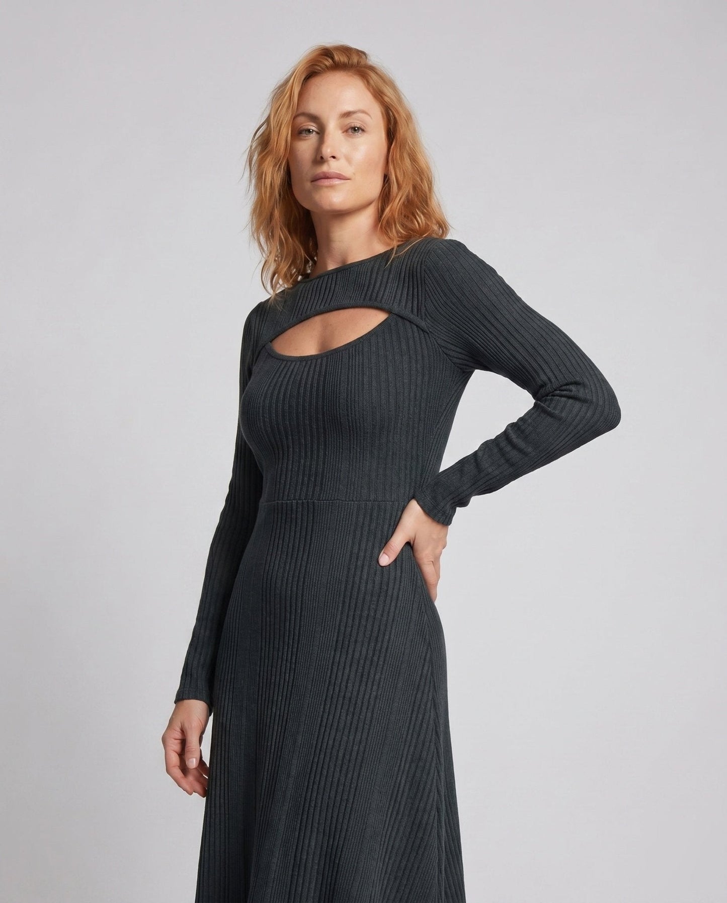 Women's maxi dress with asymmetric hem and elegant cut-out details - Chichicherry
