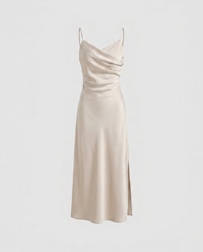 Women's Maxi Dress with Deep Seam Design and Elegant Slit - Beige colorway