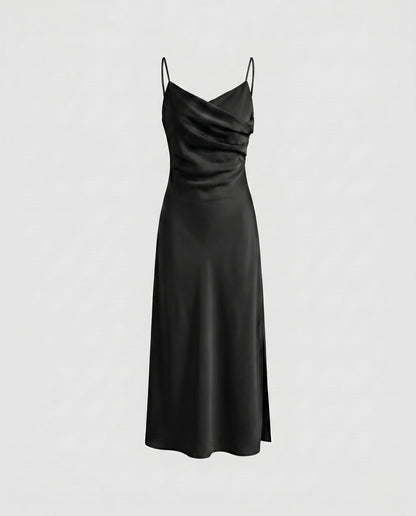 Women's Maxi Dress with Deep Seam Design and Elegant Slit - Black colorway