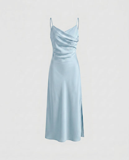Women's Maxi Dress with Deep Seam Design and Elegant Slit - Light Blue colorway