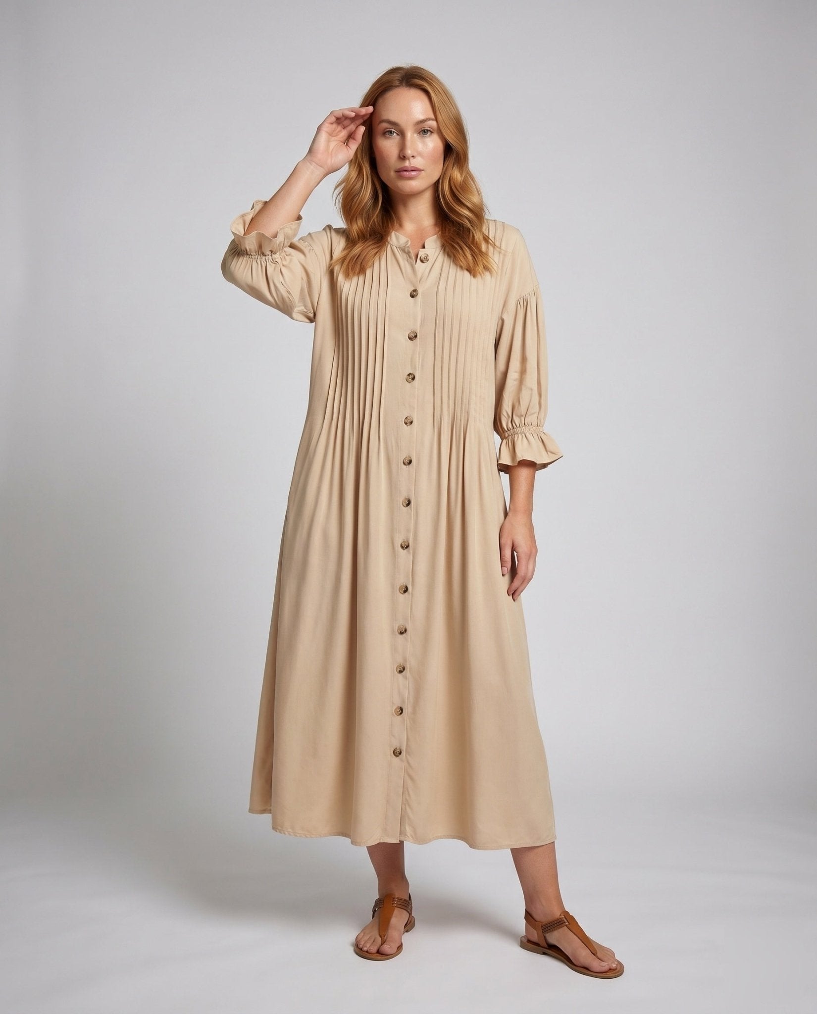 Women’s maxi dress with elegant pleating and button placket - Chichicherry