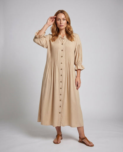 Women’s maxi dress with elegant pleating and button placket - Chichicherry