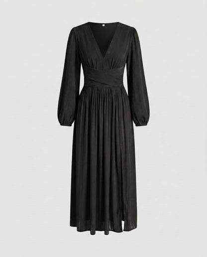 Women's maxi dress with elegant V-neck and casual ruffle hem - Chichicherry