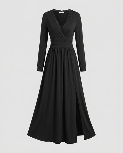 Women's maxi dress with elegant V-neckline and sophisticated slit - Chichicherry
