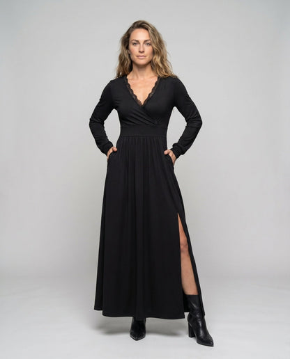 Women's maxi dress with elegant V-neckline and sophisticated slit - Chichicherry