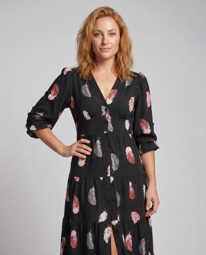 Women's maxi dress with floral feather details and elegant button placket - Chichicherry