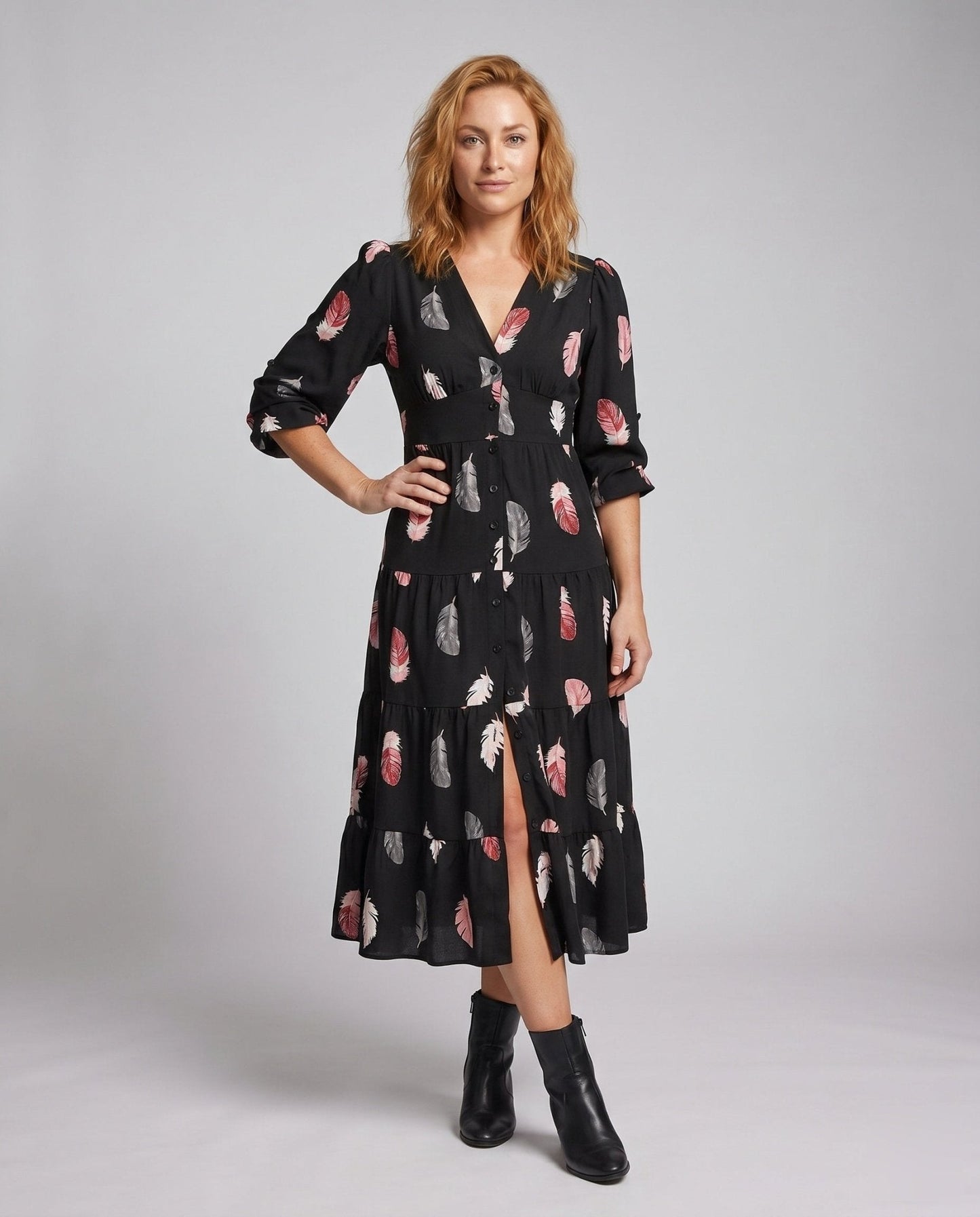 Women's maxi dress with floral feather details and elegant button placket - Chichicherry