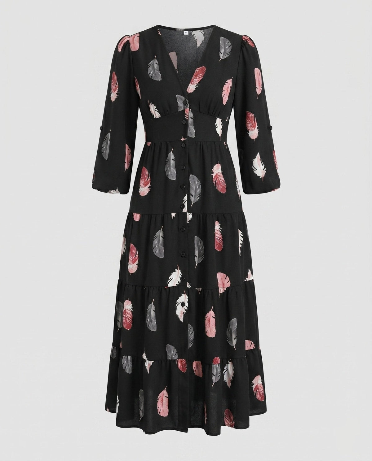 Women's maxi dress with floral feather details and elegant button placket - Chichicherry