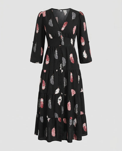 Women's maxi dress with floral feather details and elegant button placket - Chichicherry