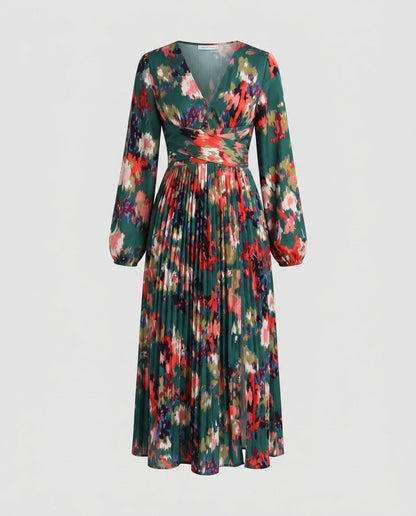 Women's maxi dress with floral pleats, deep V-neckline, and side slit - Chichicherry
