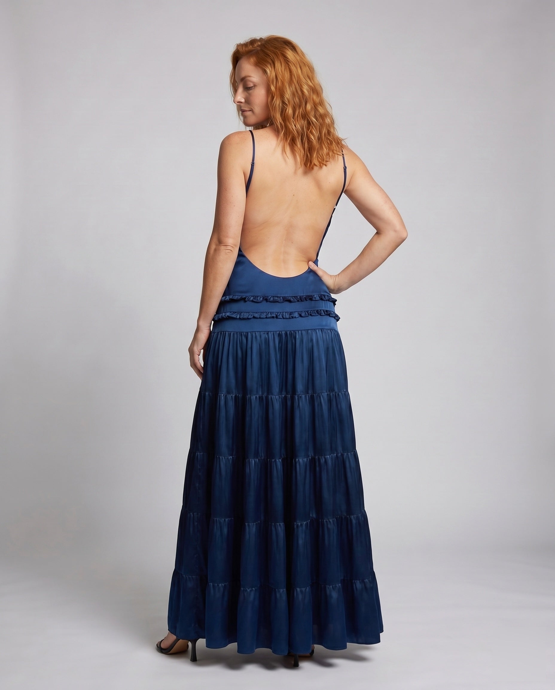 Women's Maxi Dress with Strapless V-neck and Flowing Ruffle Frills - back view