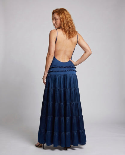 Women's Maxi Dress with Strapless V-neck and Flowing Ruffle Frills - back view